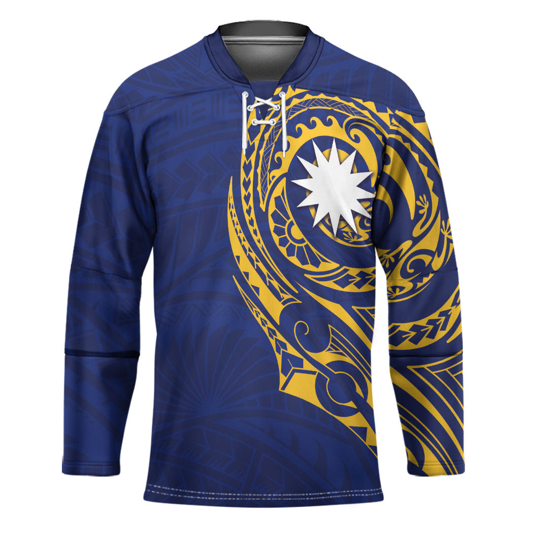 Personalised Nauru Angam Day Hockey Jersey Gold Navy Tribal Pattern LT05 Unisex Blue - Polynesian Pride