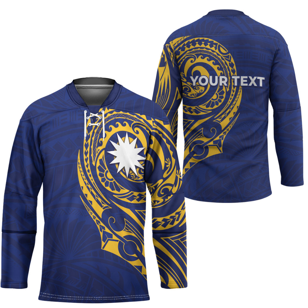 Personalised Nauru Angam Day Hockey Jersey Gold Navy Tribal Pattern LT05 - Polynesian Pride