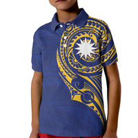 Personalised Nauru Angam Day Kid Polo Shirt Gold Navy Tribal Pattern LT05 Kid Blue - Polynesian Pride