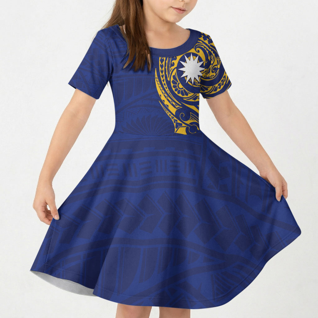 Personalised Nauru Angam Day Kid Short Sleeve Dress Gold Navy Tribal Pattern LT05 KID Blue - Polynesian Pride