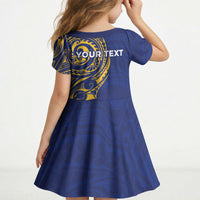 Personalised Nauru Angam Day Kid Short Sleeve Dress Gold Navy Tribal Pattern LT05 - Polynesian Pride