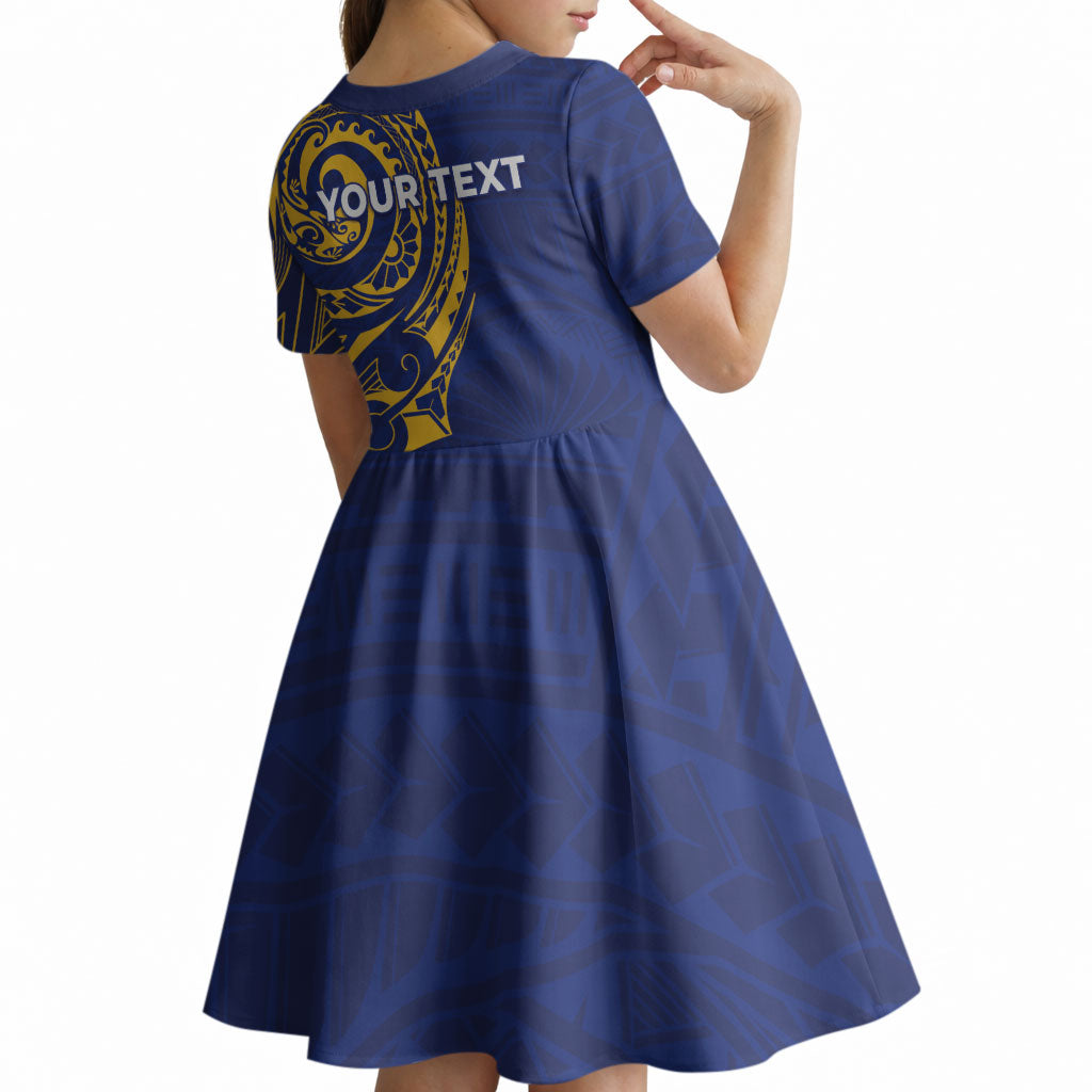 Personalised Nauru Angam Day Kid Short Sleeve Dress Gold Navy Tribal Pattern LT05 - Polynesian Pride