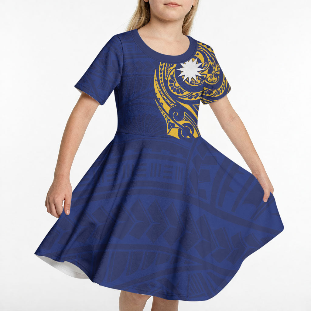 Personalised Nauru Angam Day Kid Short Sleeve Dress Gold Navy Tribal Pattern LT05 - Polynesian Pride