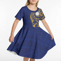 Personalised Nauru Angam Day Kid Short Sleeve Dress Gold Navy Tribal Pattern LT05 - Polynesian Pride