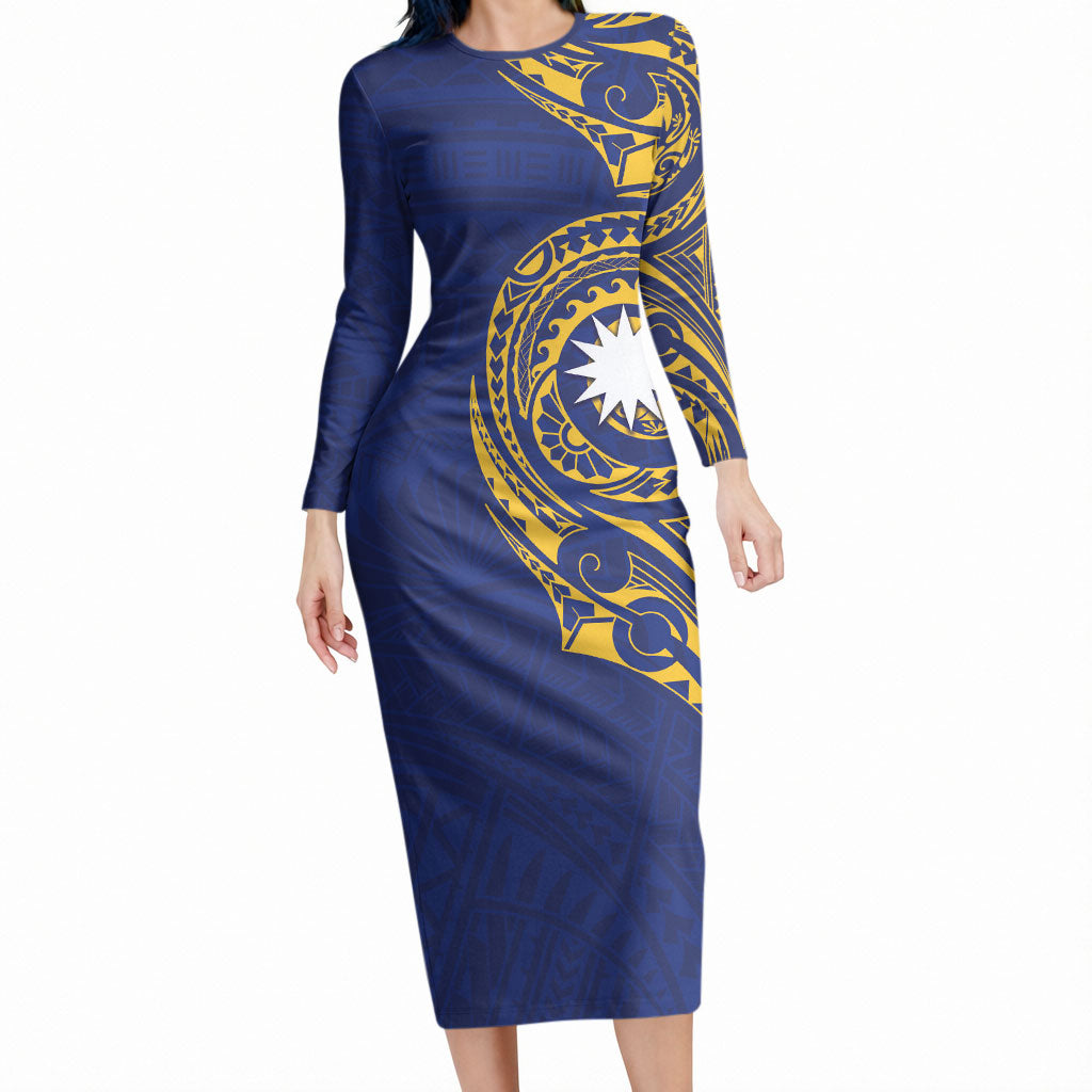 Personalised Nauru Angam Day Long Sleeve Bodycon Dress Gold Navy Tribal Pattern LT05 Long Dress Blue - Polynesian Pride