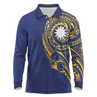 Personalised Nauru Angam Day Long Sleeve Polo Shirt Gold Navy Tribal Pattern LT05 Blue - Polynesian Pride