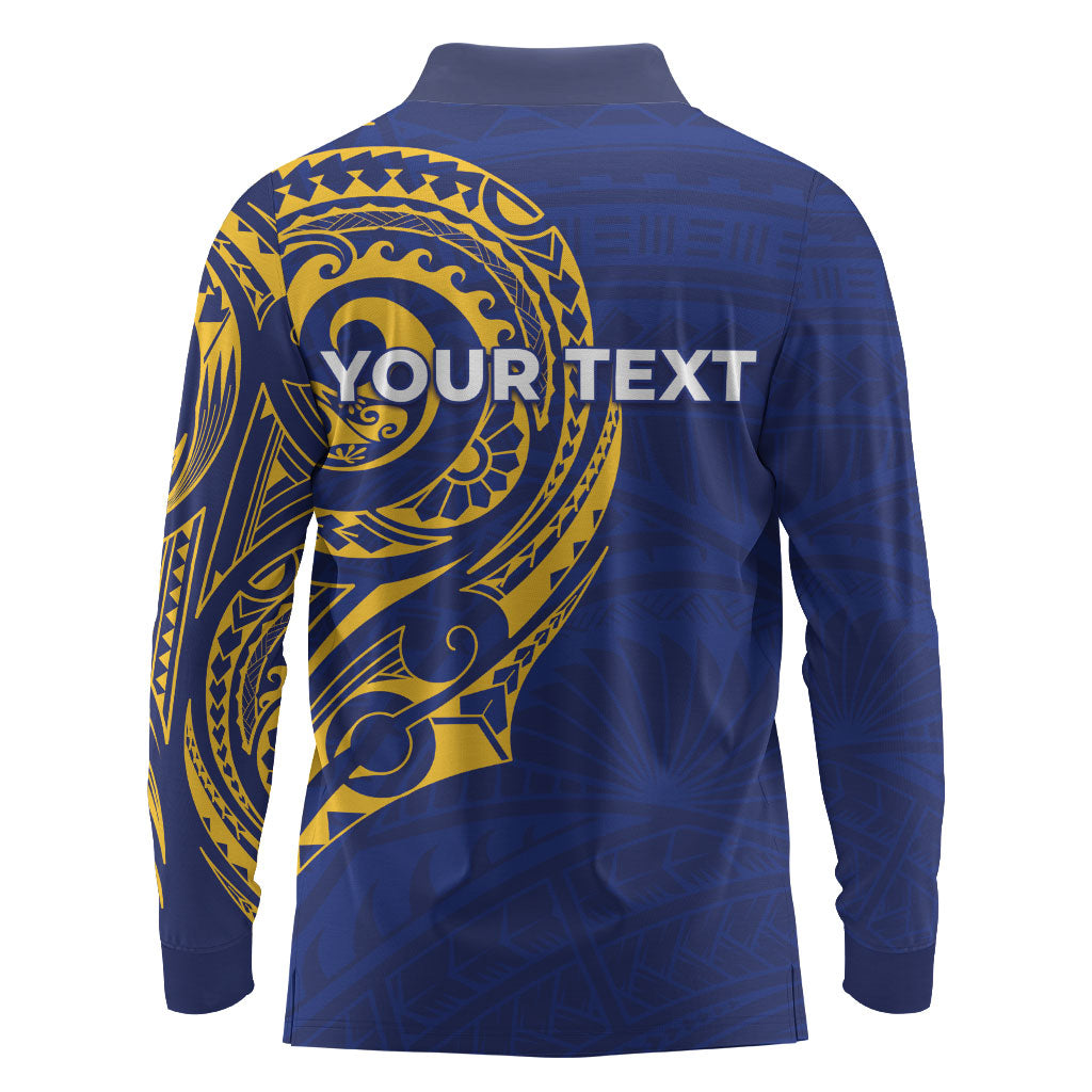 Personalised Nauru Angam Day Long Sleeve Polo Shirt Gold Navy Tribal Pattern LT05 - Polynesian Pride
