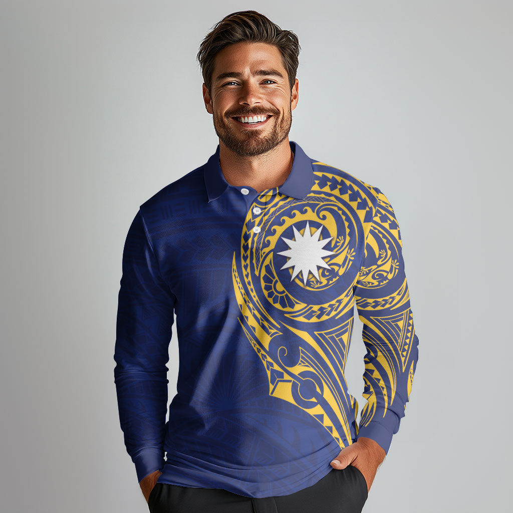 Personalised Nauru Angam Day Long Sleeve Polo Shirt Gold Navy Tribal Pattern LT05 - Polynesian Pride