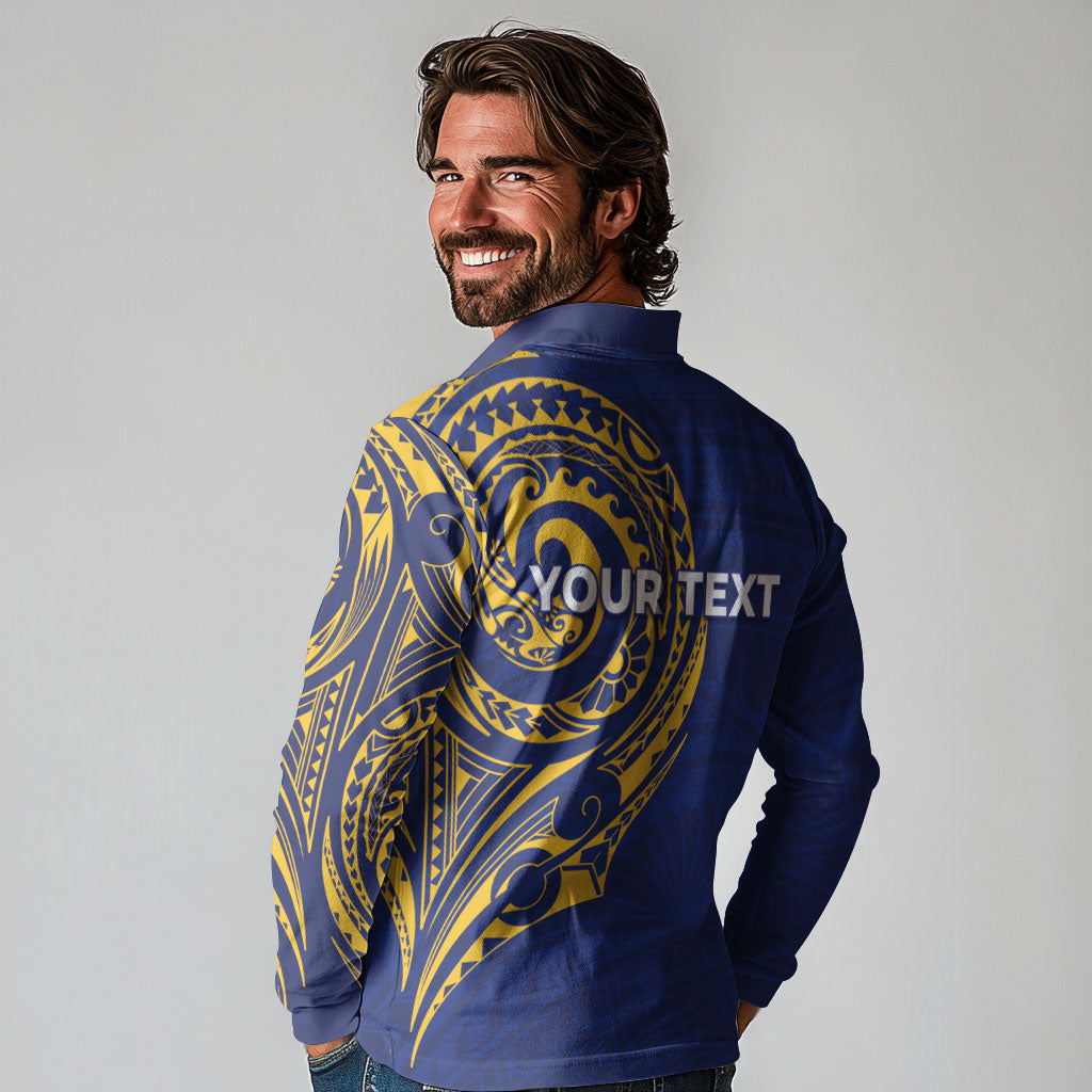Personalised Nauru Angam Day Long Sleeve Polo Shirt Gold Navy Tribal Pattern LT05 - Polynesian Pride