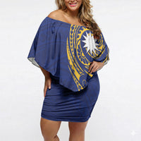 Personalised Nauru Angam Day Off Shoulder Short Dress Gold Navy Tribal Pattern LT05 Women Blue - Polynesian Pride