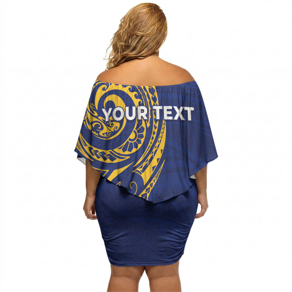 Personalised Nauru Angam Day Off Shoulder Short Dress Gold Navy Tribal Pattern LT05 - Polynesian Pride