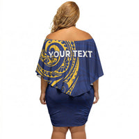 Personalised Nauru Angam Day Off Shoulder Short Dress Gold Navy Tribal Pattern LT05 - Polynesian Pride