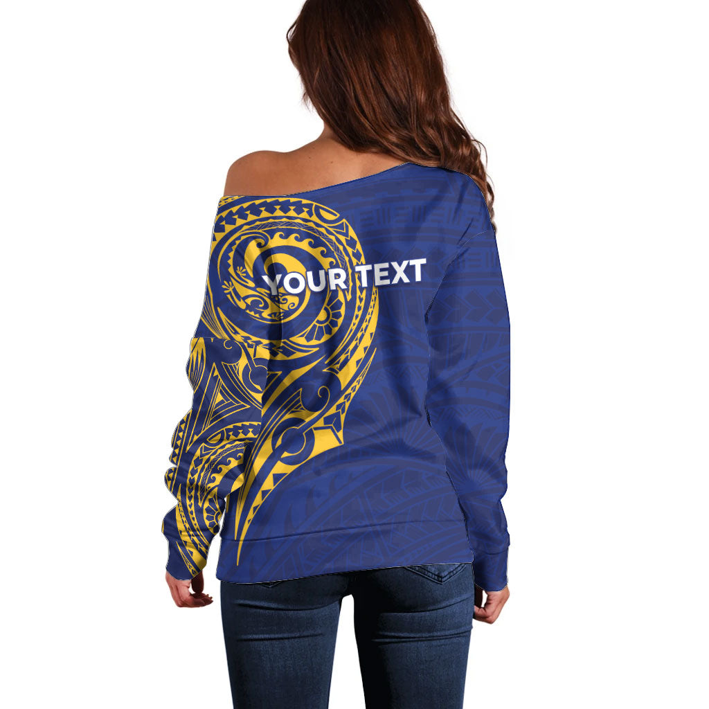 Personalised Nauru Angam Day Off Shoulder Sweater Gold Navy Tribal Pattern