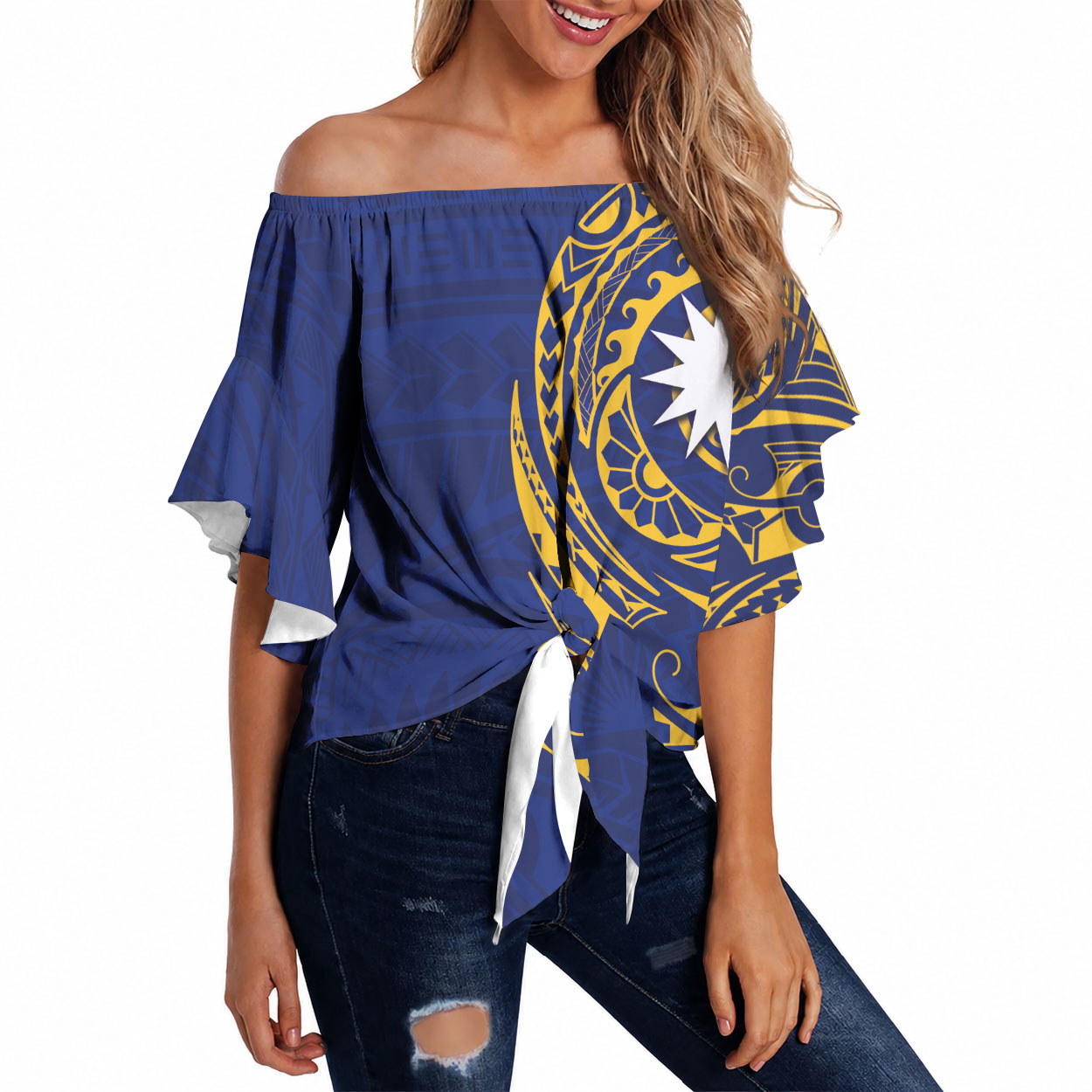 Personalised Nauru Angam Day Off Shoulder Wrap Waist Top Gold Navy Tribal Pattern LT05 Blue - Polynesian Pride