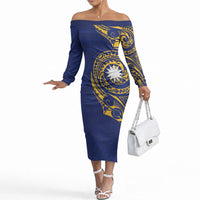 Personalised Nauru Angam Day Off The Shoulder Long Sleeve Dress Gold Navy Tribal Pattern LT05 Women Blue - Polynesian Pride
