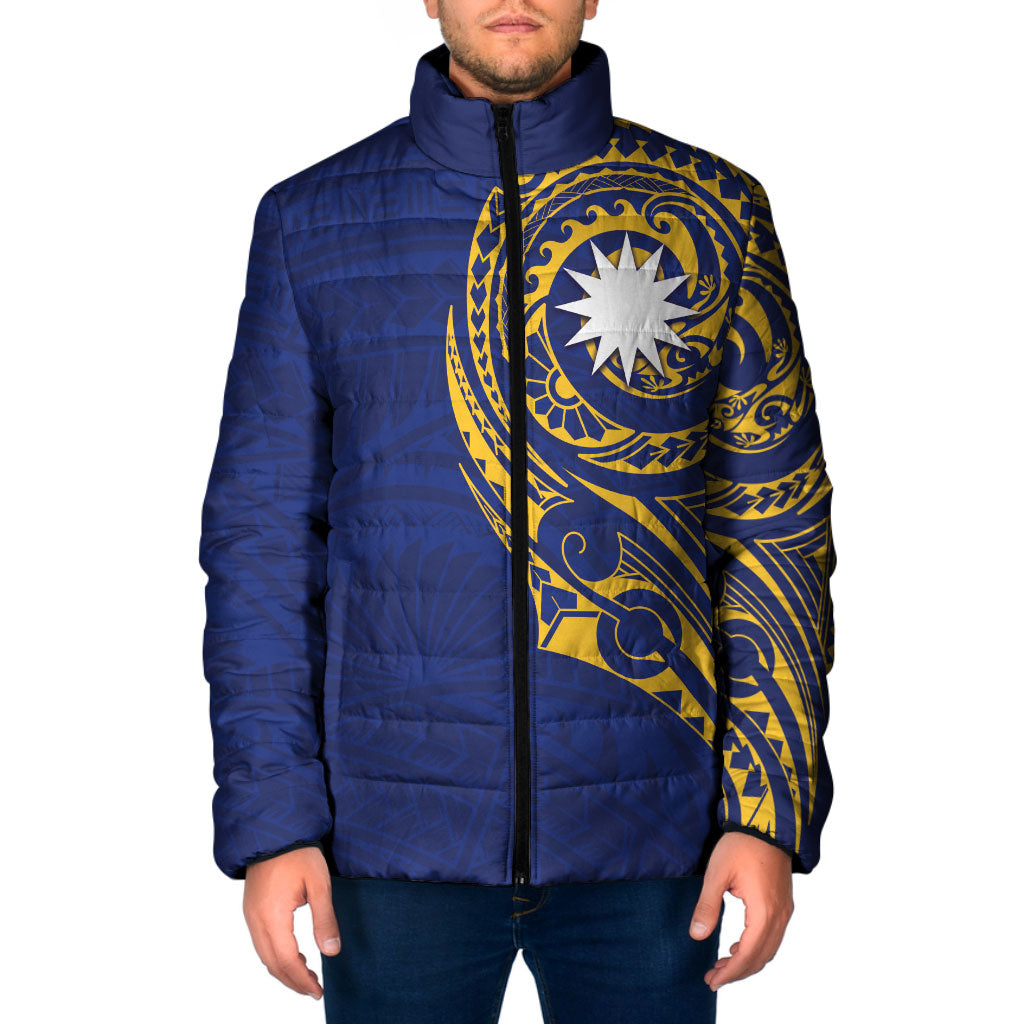 Personalised Nauru Angam Day Padded Jacket Gold Navy Tribal Pattern LT05 Men Blue - Polynesian Pride