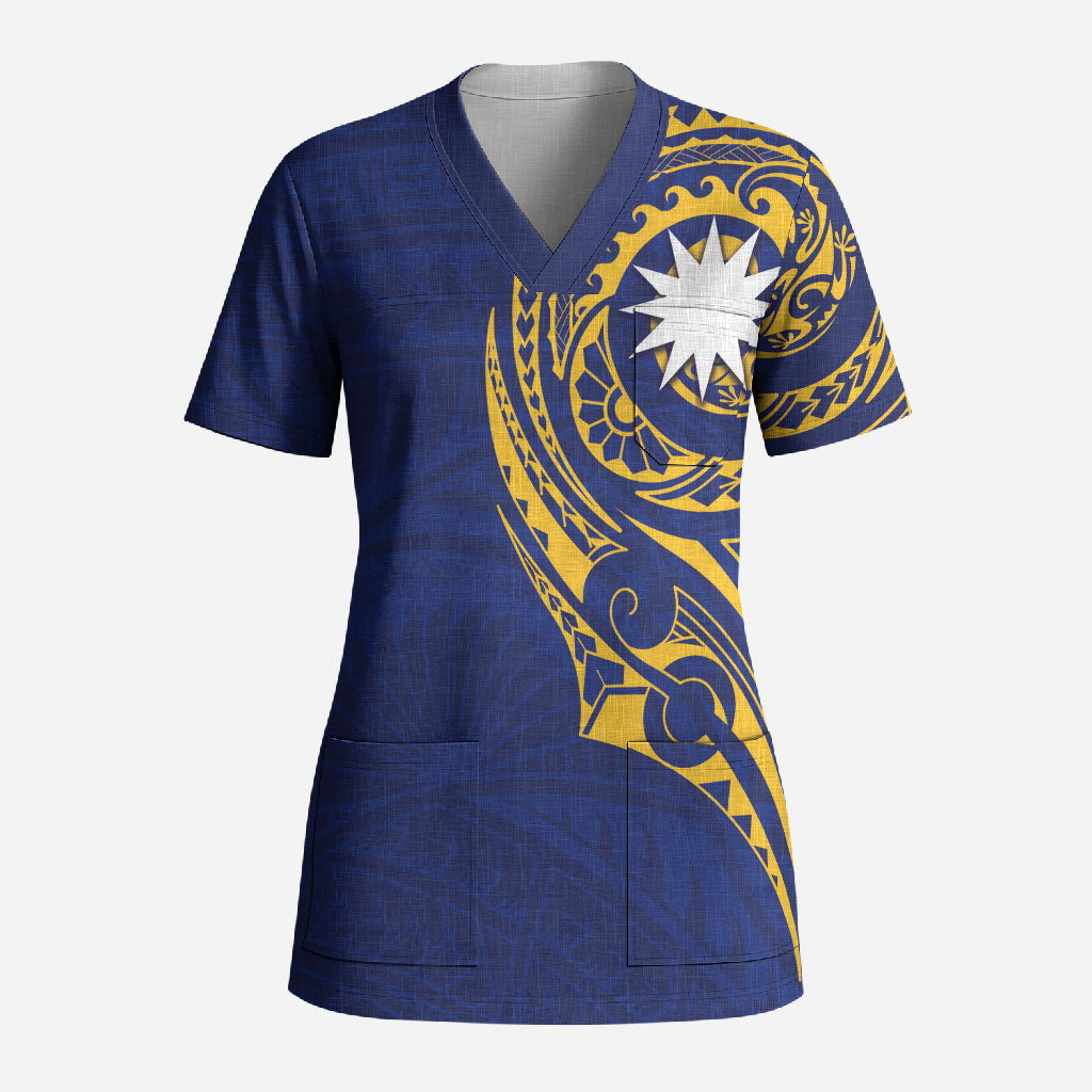 Personalised Nauru Angam Day Scrub Top Gold Navy Tribal Pattern LT05 Adult Blue - Polynesian Pride