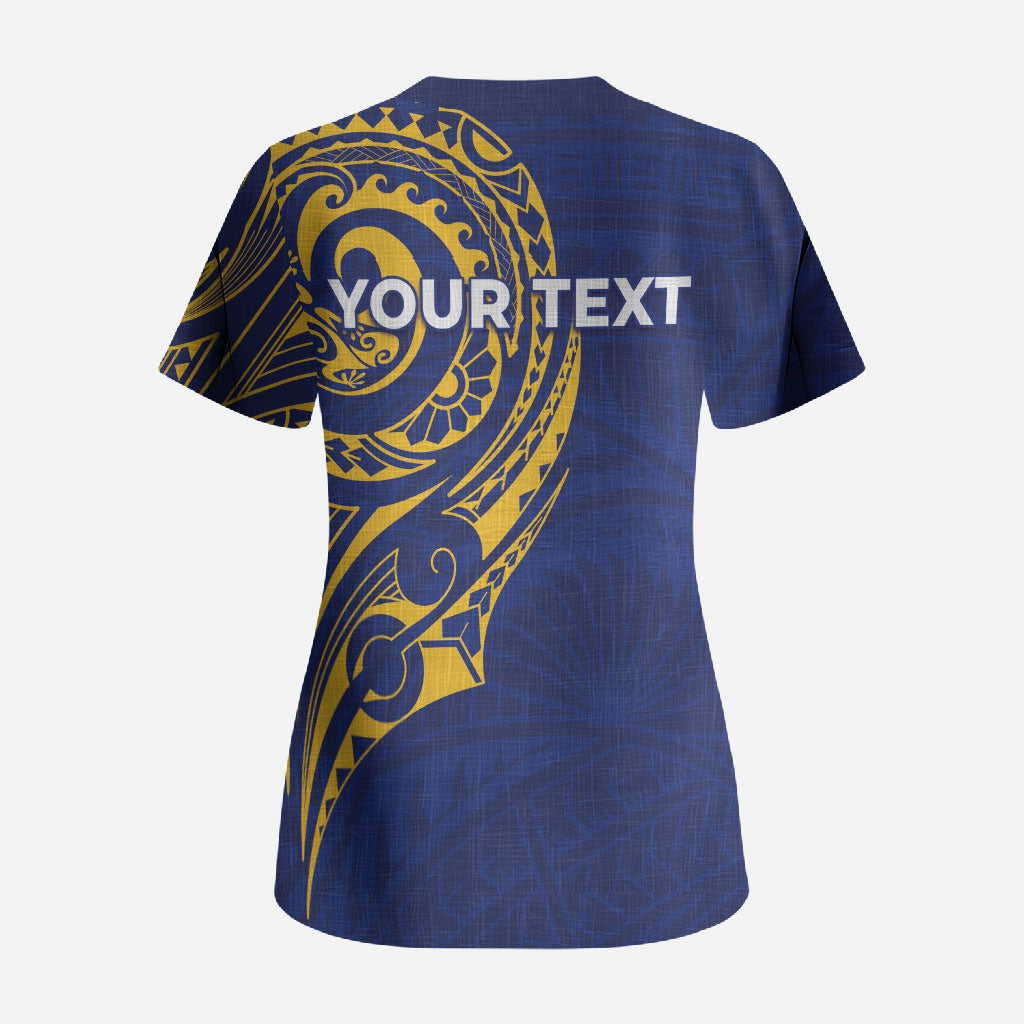 Personalised Nauru Angam Day Scrub Top Gold Navy Tribal Pattern LT05 - Polynesian Pride