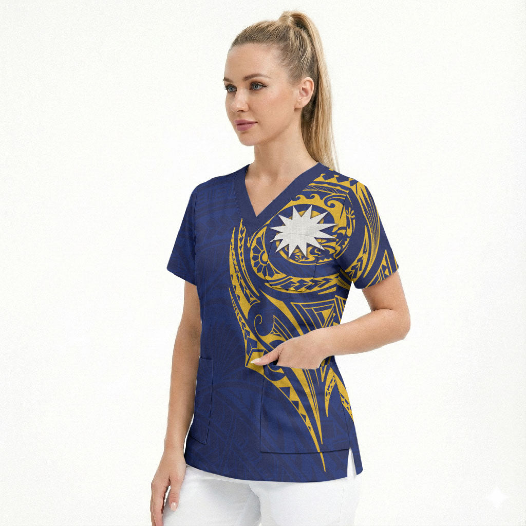Personalised Nauru Angam Day Scrub Top Gold Navy Tribal Pattern LT05 - Polynesian Pride