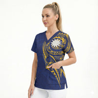 Personalised Nauru Angam Day Scrub Top Gold Navy Tribal Pattern LT05 - Polynesian Pride