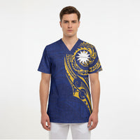 Personalised Nauru Angam Day Scrub Top Gold Navy Tribal Pattern LT05 - Polynesian Pride