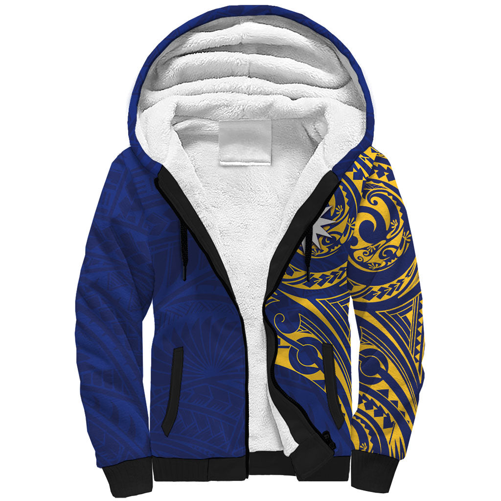 Personalised Nauru Angam Day Sherpa Hoodie Gold Navy Tribal Pattern LT05 Unisex Blue - Polynesian Pride