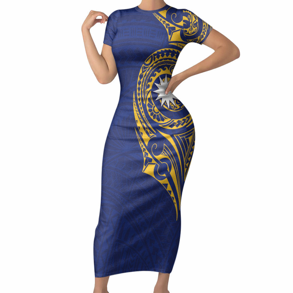 Personalised Nauru Angam Day Short Sleeve Bodycon Dress Gold Navy Tribal Pattern LT05 Long Dress Blue - Polynesian Pride