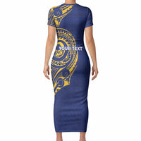 Personalised Nauru Angam Day Short Sleeve Bodycon Dress Gold Navy Tribal Pattern LT05 - Polynesian Pride