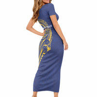 Personalised Nauru Angam Day Short Sleeve Bodycon Dress Gold Navy Tribal Pattern LT05 - Polynesian Pride