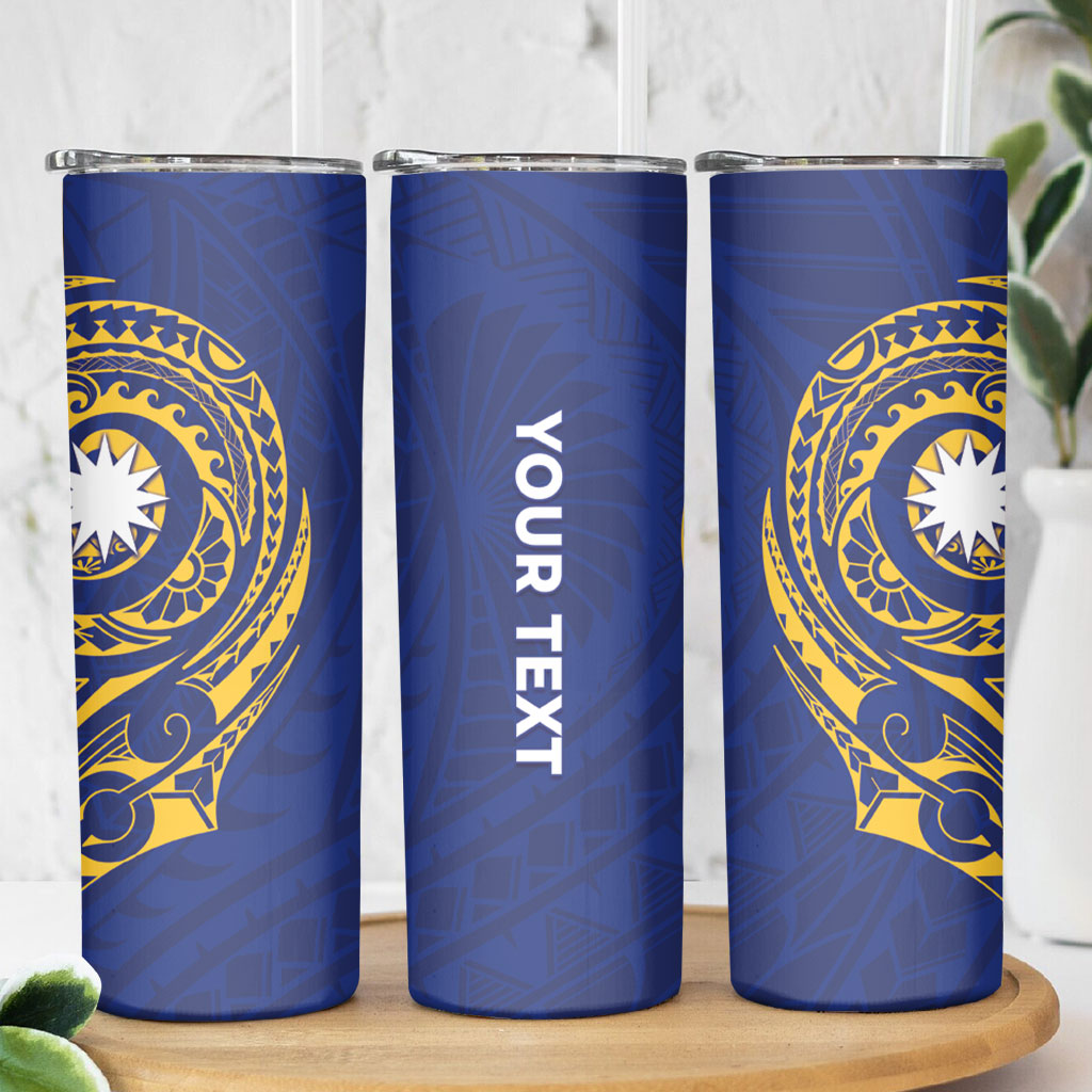Personalised Nauru Angam Day Skinny Tumbler Gold Navy Tribal Pattern