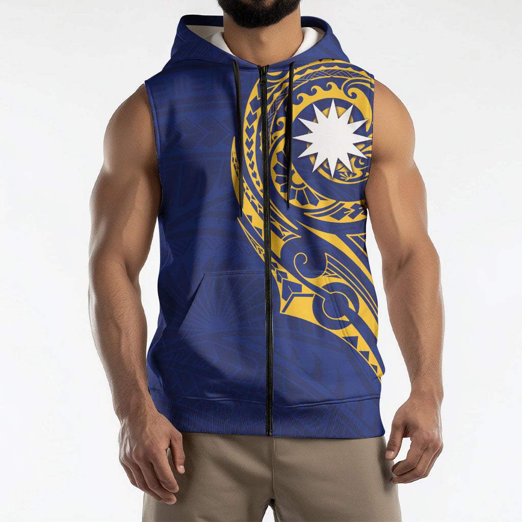 Personalised Nauru Angam Day Sleeveless Zip Hoodie Gold Navy Tribal Pattern LT05 - Polynesian Pride