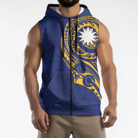 Personalised Nauru Angam Day Sleeveless Zip Hoodie Gold Navy Tribal Pattern LT05 - Polynesian Pride