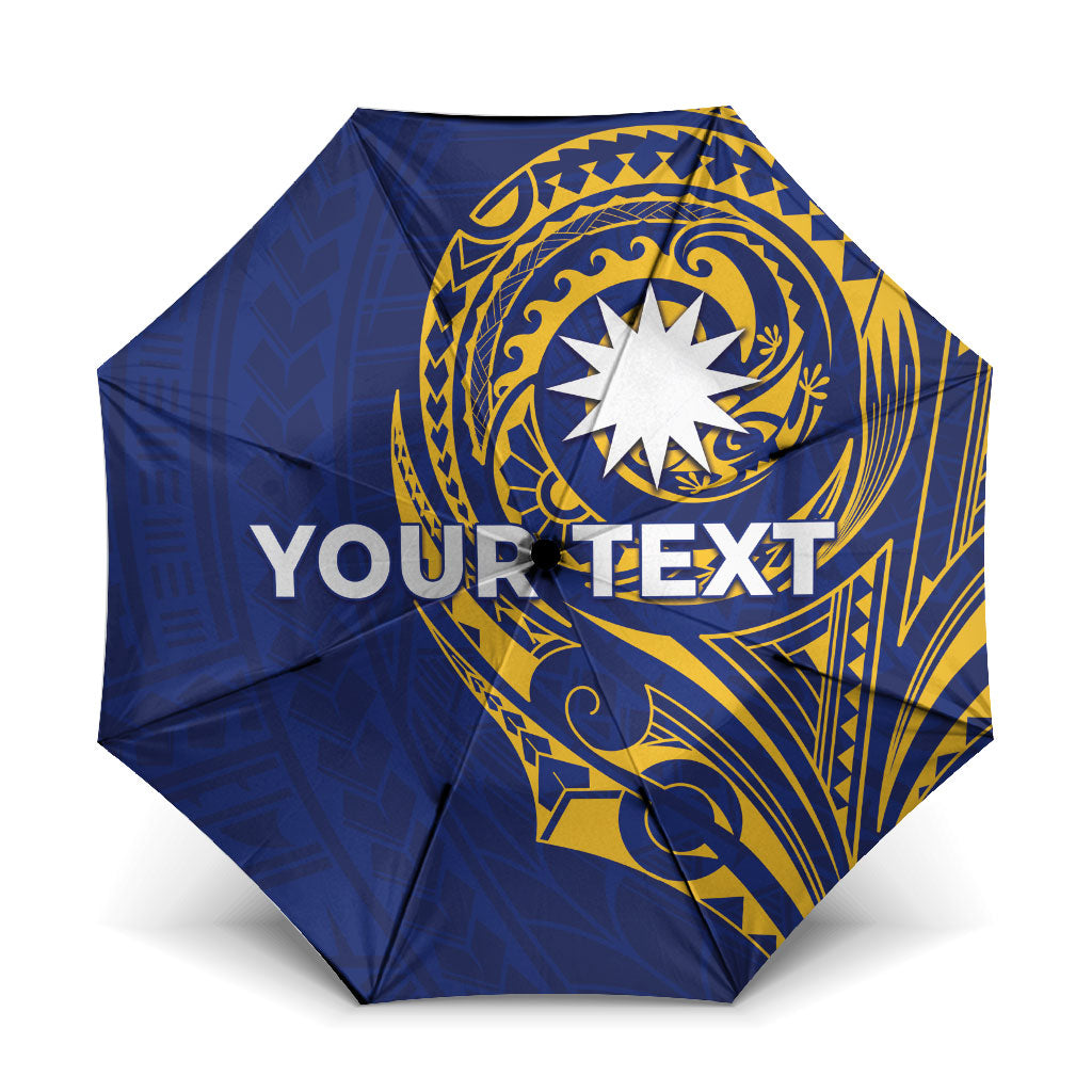 Personalised Nauru Angam Day Umbrella Gold Navy Tribal Pattern