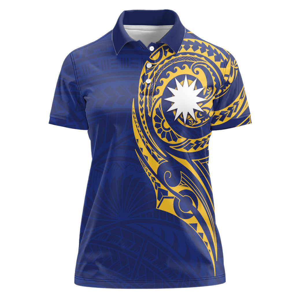 Personalised Nauru Angam Day Women Polo Shirt Gold Navy Tribal Pattern LT05 Female Blue - Polynesian Pride