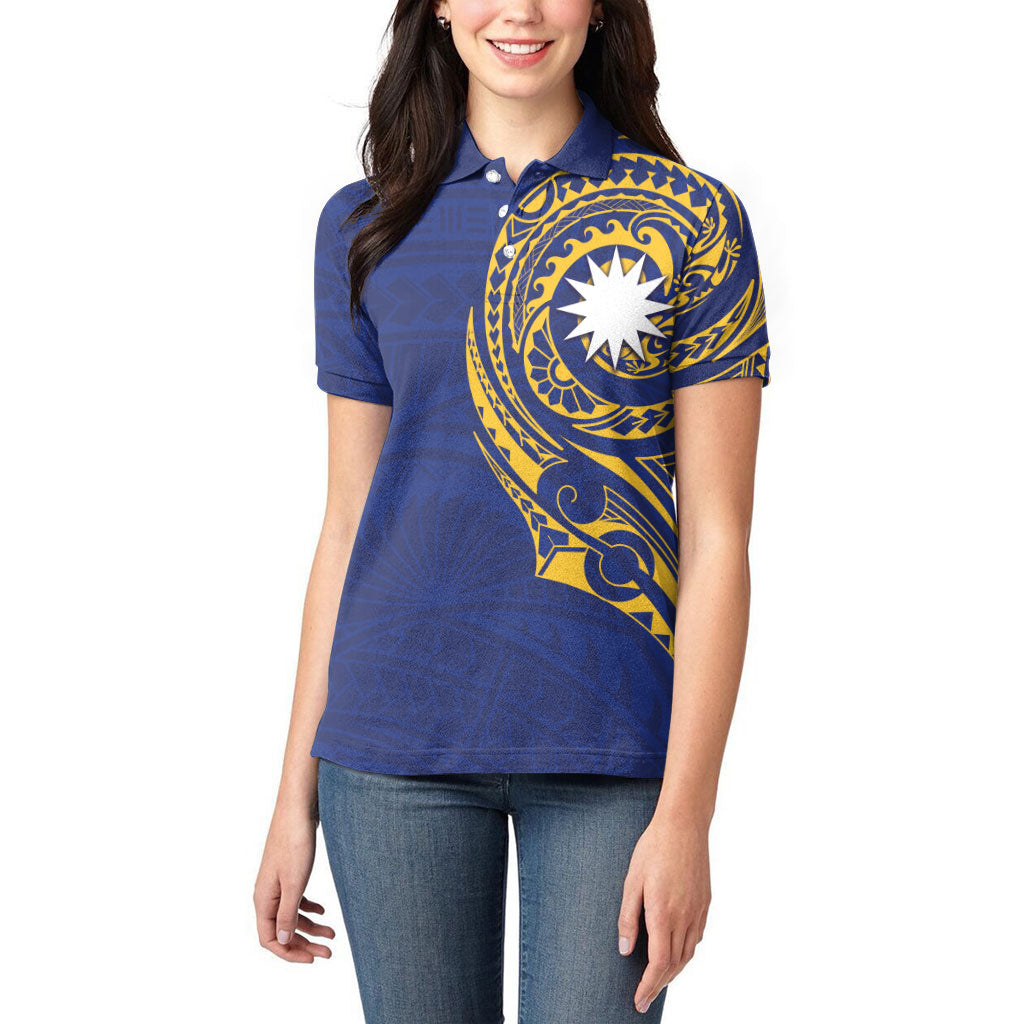 Personalised Nauru Angam Day Women Polo Shirt Gold Navy Tribal Pattern LT05 - Polynesian Pride