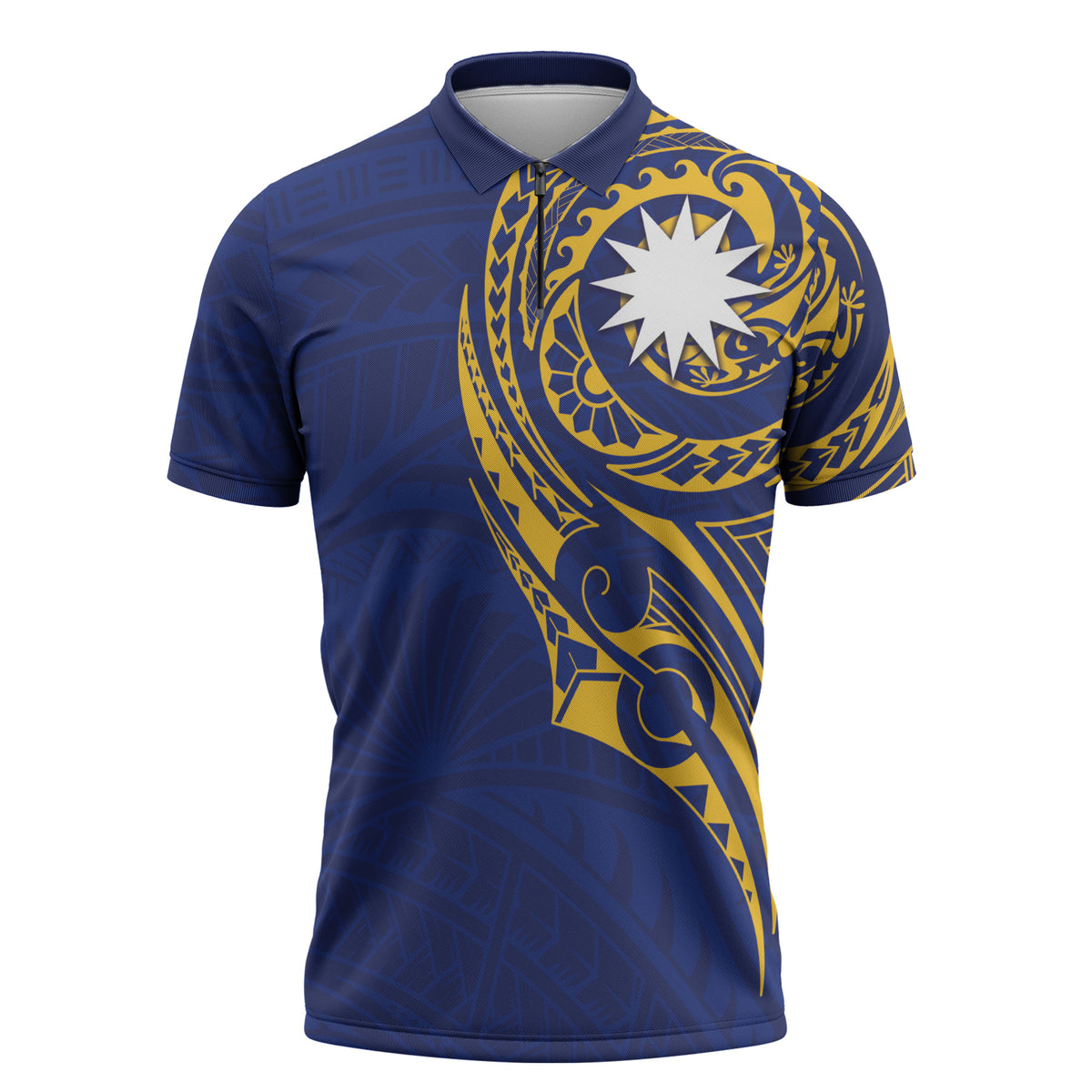 Personalised Nauru Angam Day Zipper Polo Shirt Gold Navy Tribal Pattern LT05 Blue - Polynesian Pride