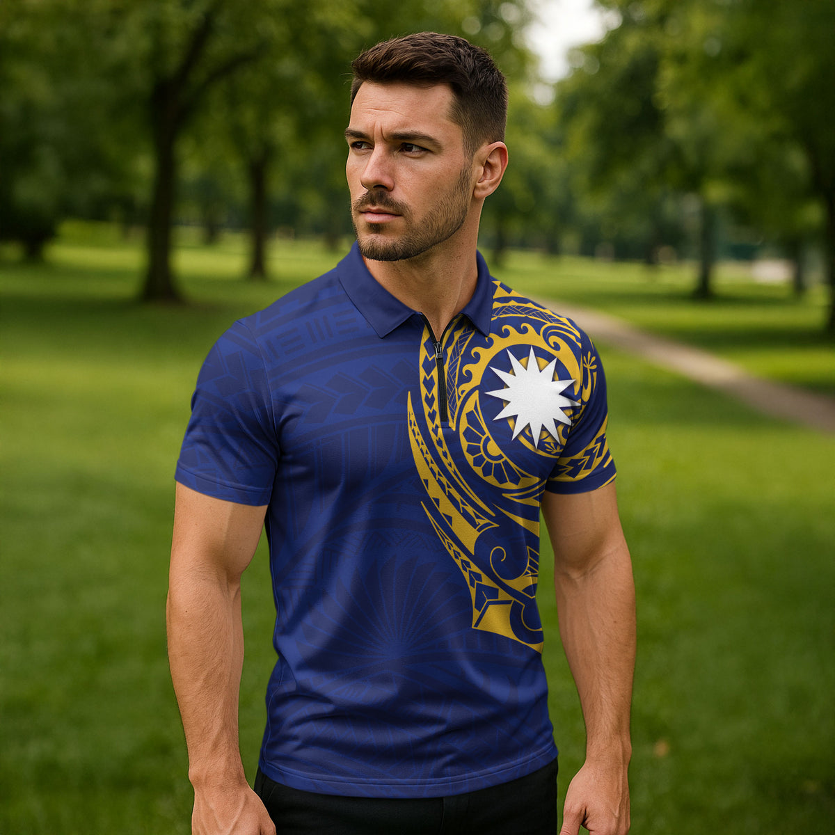 Personalised Nauru Angam Day Zipper Polo Shirt Gold Navy Tribal Pattern LT05 - Polynesian Pride