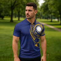 Personalised Nauru Angam Day Zipper Polo Shirt Gold Navy Tribal Pattern LT05 - Polynesian Pride