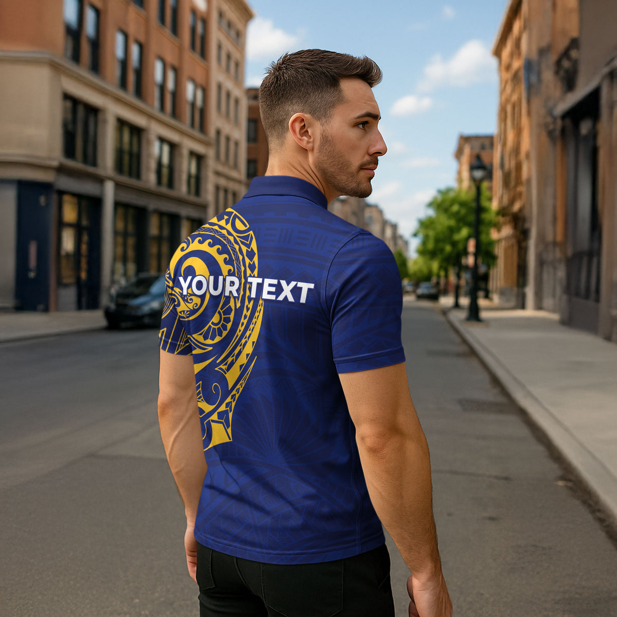 Personalised Nauru Angam Day Zipper Polo Shirt Gold Navy Tribal Pattern LT05 - Polynesian Pride