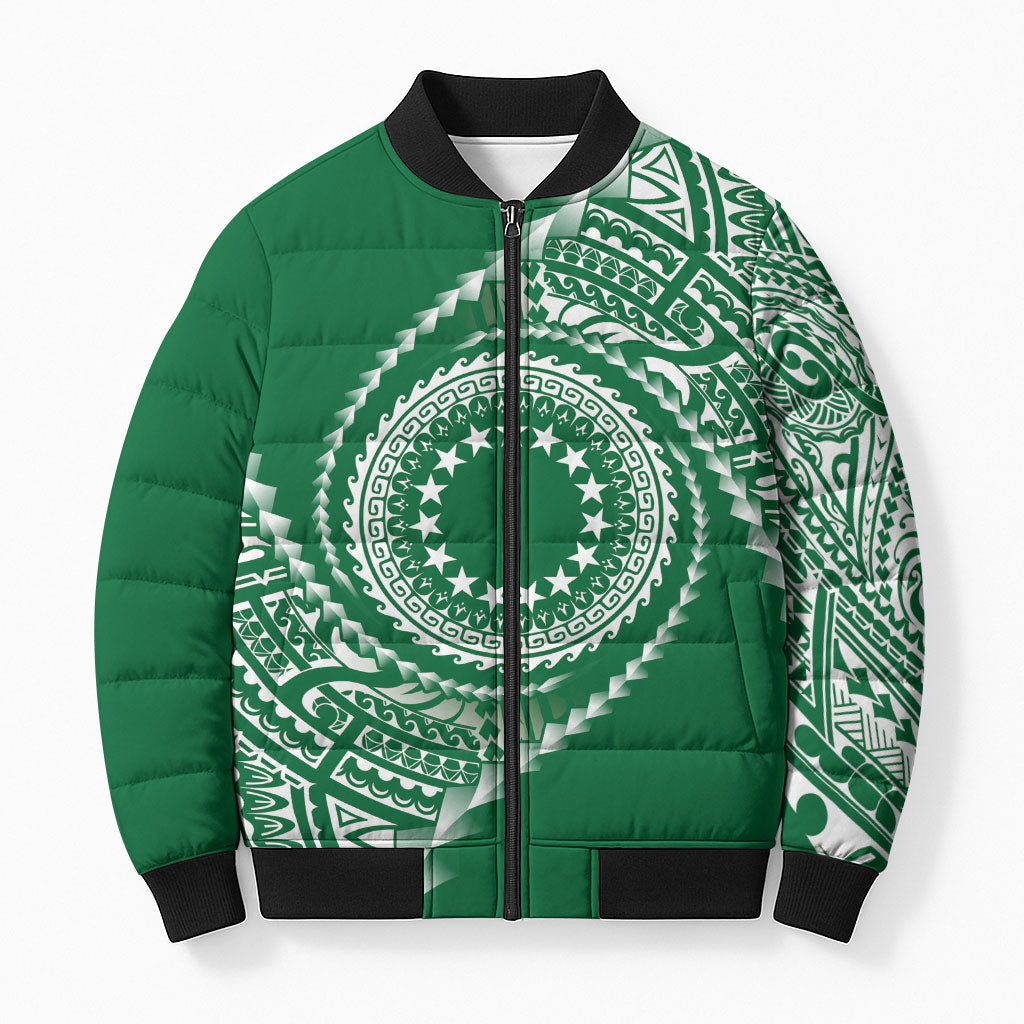 Cook Islands Gospel Day Bomber Puffer Jacket Green Tribal Curves LT05 Unisex Green - Polynesian Pride