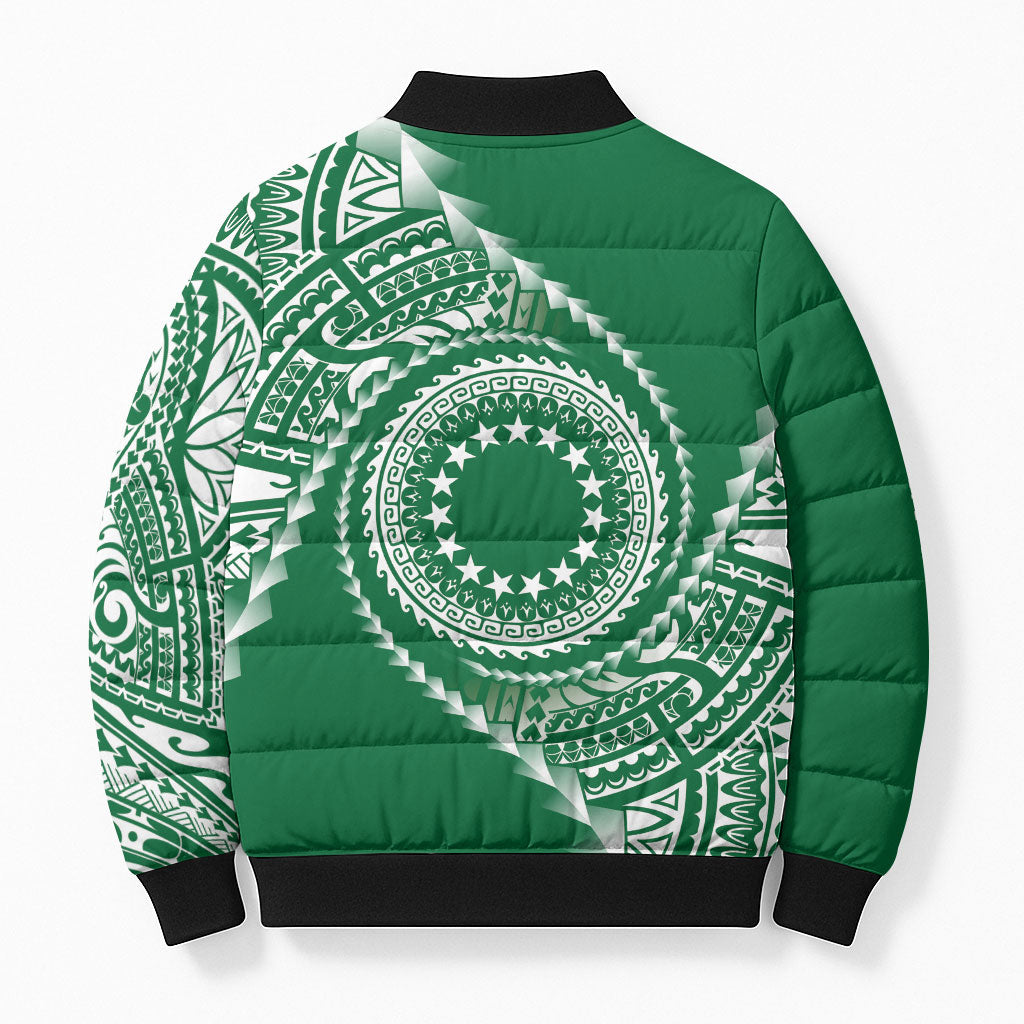 Cook Islands Gospel Day Bomber Puffer Jacket Green Tribal Curves LT05 - Polynesian Pride