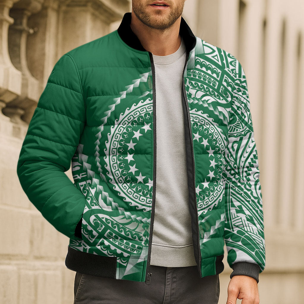 Cook Islands Gospel Day Bomber Puffer Jacket Green Tribal Curves LT05 - Polynesian Pride