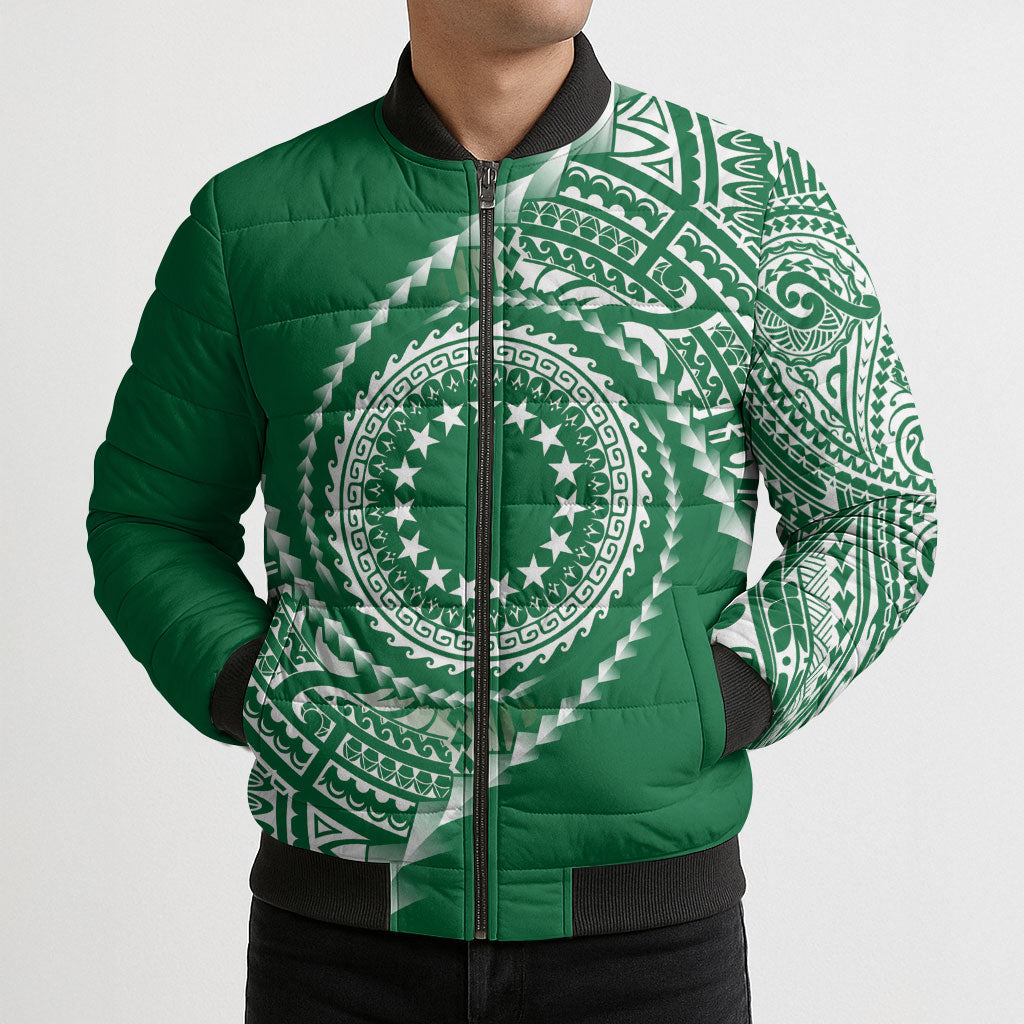 Cook Islands Gospel Day Bomber Puffer Jacket Green Tribal Curves LT05 - Polynesian Pride