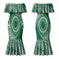 Cook Islands Gospel Day Couples Matching Mermaid Dress and Long Sleeve Button Shirt Green Tribal Curves LT05 - Polynesian Pride