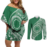Cook Islands Gospel Day Couples Matching Off Shoulder Short Dress and Long Sleeve Button Shirt Green Tribal Curves LT05 Green - Polynesian Pride