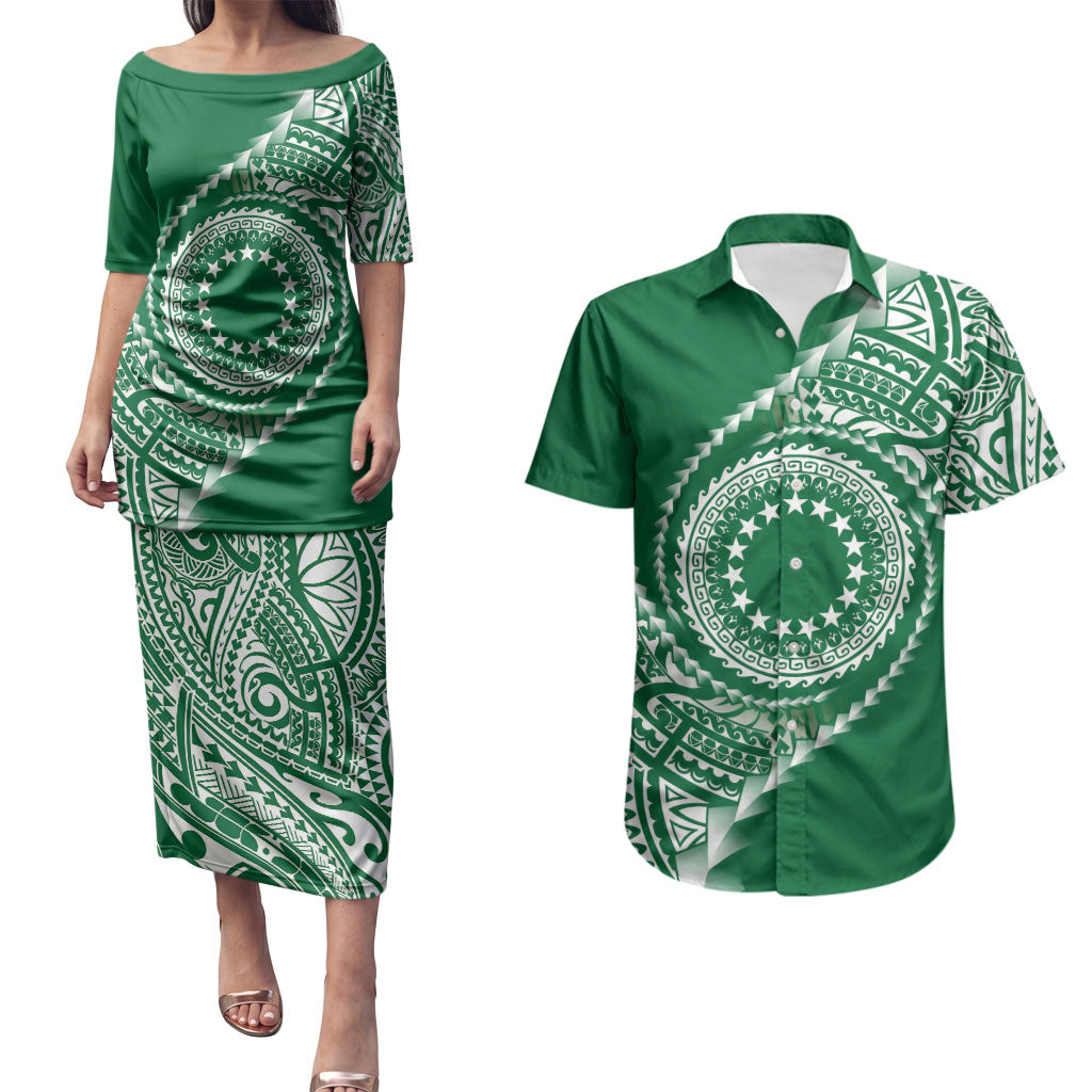 Cook Islands Gospel Day Couples Matching Puletasi and Hawaiian Shirt Green Tribal Curves LT05 Green - Polynesian Pride
