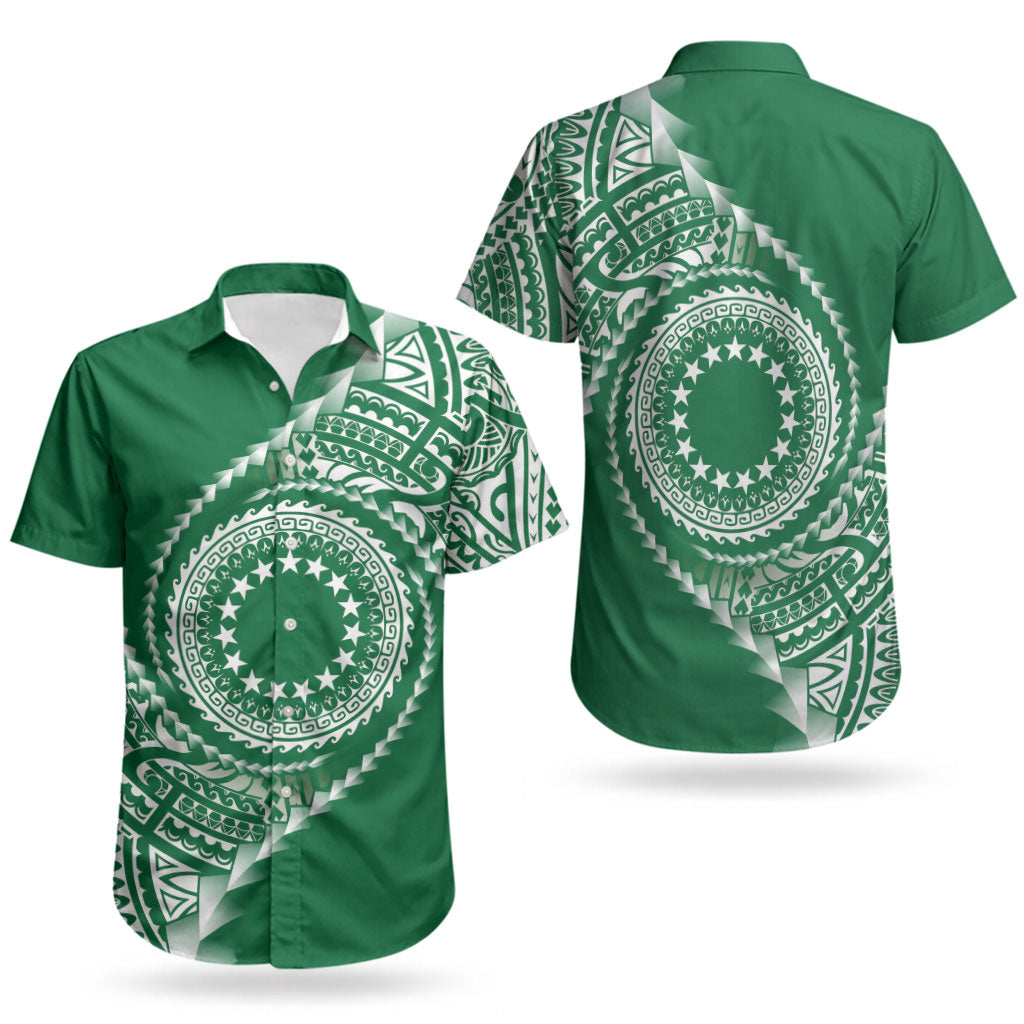 Cook Islands Gospel Day Couples Matching Puletasi and Hawaiian Shirt Green Tribal Curves LT05 - Polynesian Pride