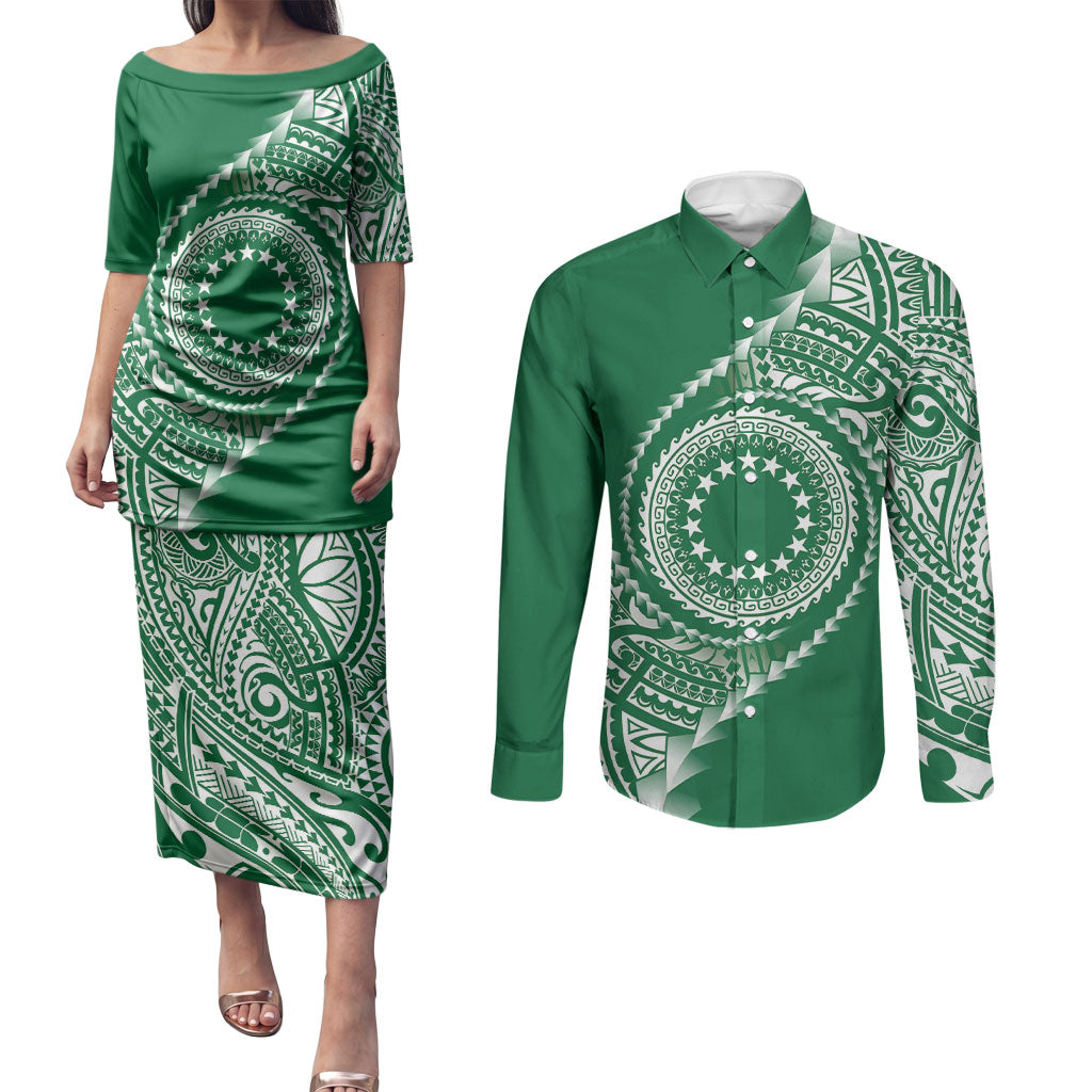 Cook Islands Gospel Day Couples Matching Puletasi and Long Sleeve Button Shirt Green Tribal Curves LT05 Green - Polynesian Pride