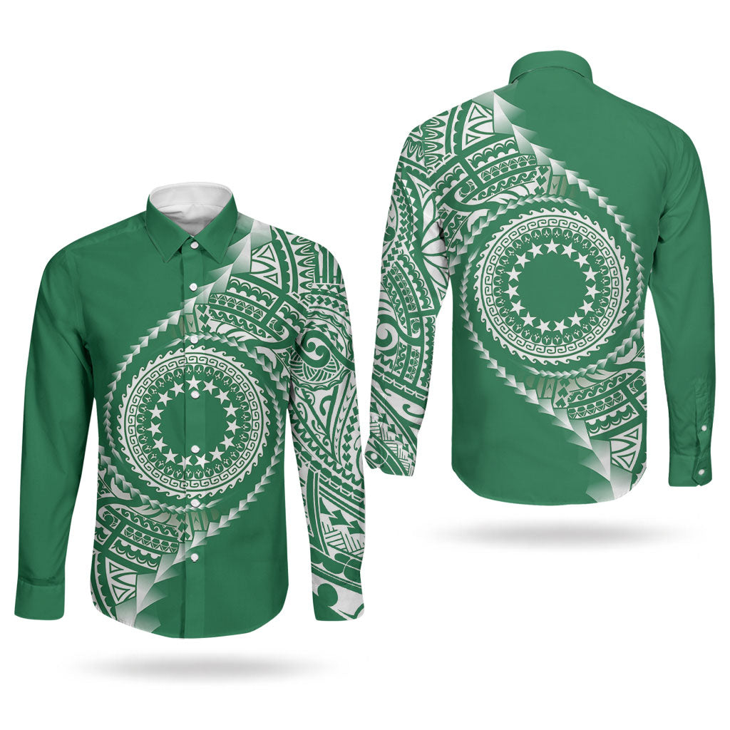 Cook Islands Gospel Day Couples Matching Puletasi and Long Sleeve Button Shirt Green Tribal Curves LT05 - Polynesian Pride