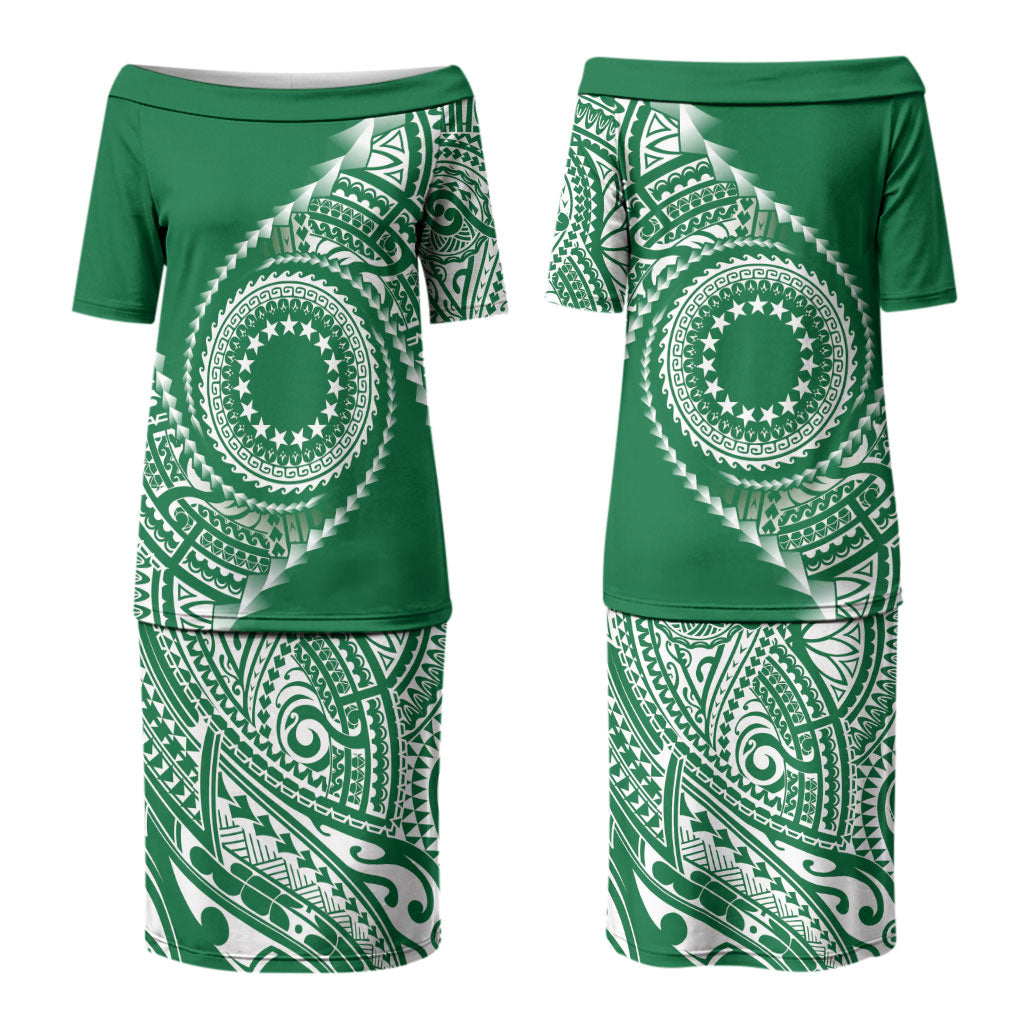 Cook Islands Gospel Day Couples Matching Puletasi and Long Sleeve Button Shirt Green Tribal Curves LT05 - Polynesian Pride